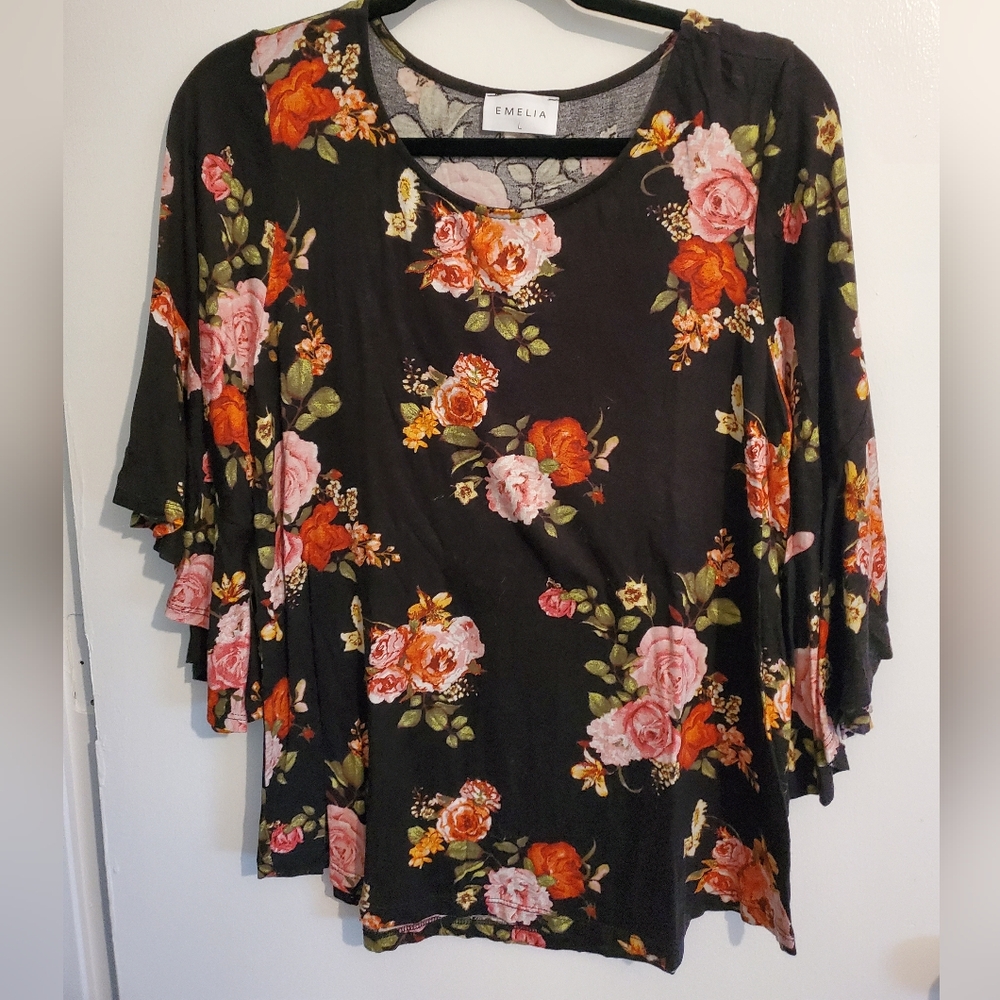 Elegant Black Blouse with Lace Trim and Bell Sleeves